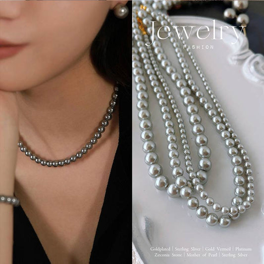 24K-Luxury White/Grey Pearl 6MM Necklace